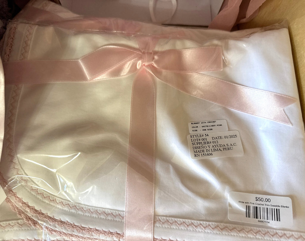 White with Pink Crochet Trim Swaddle Blanket