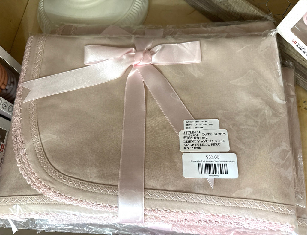 Khaki with Pink Crochet Trim Swaddle Blanket