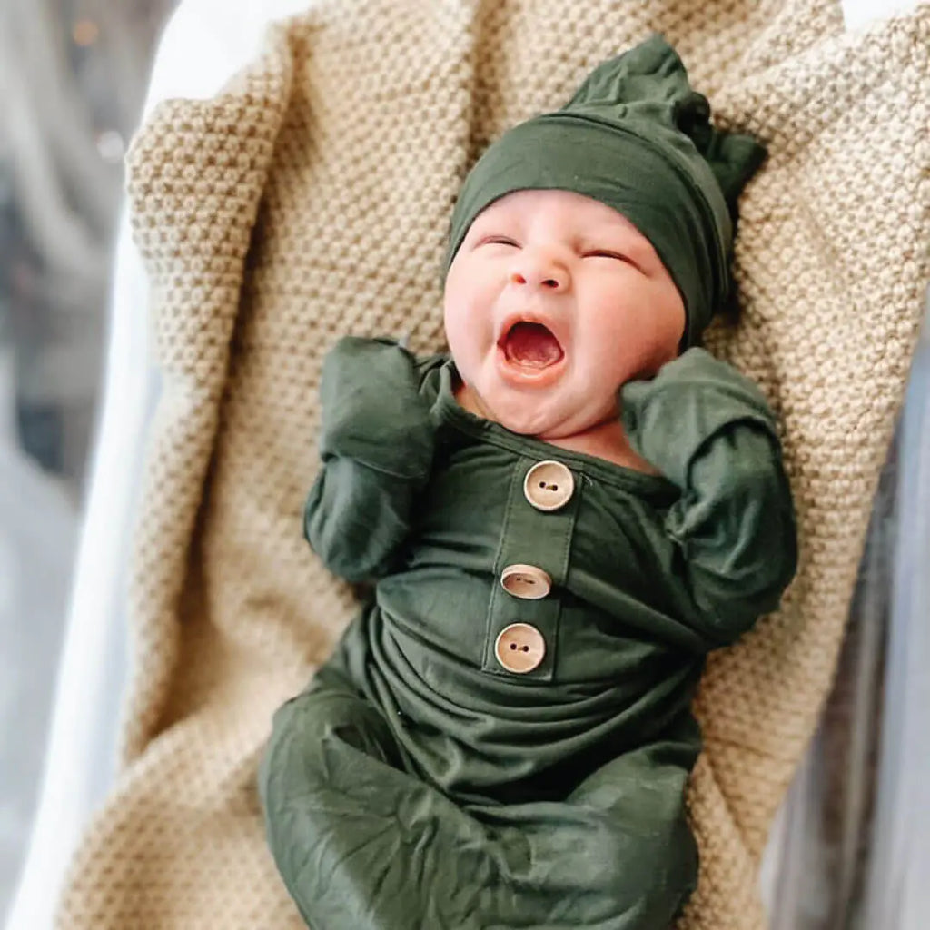 Solid Olive Bamboo Baby Knot Gown & Hat