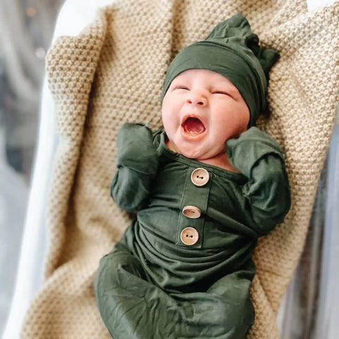 Solid Olive Bamboo Baby Knot Gown & Hat