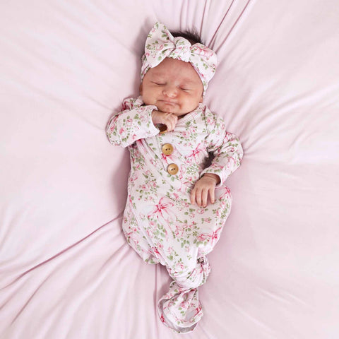 Bows in Bloom Newborn Baby Knot Gown & Hat Set | Pink