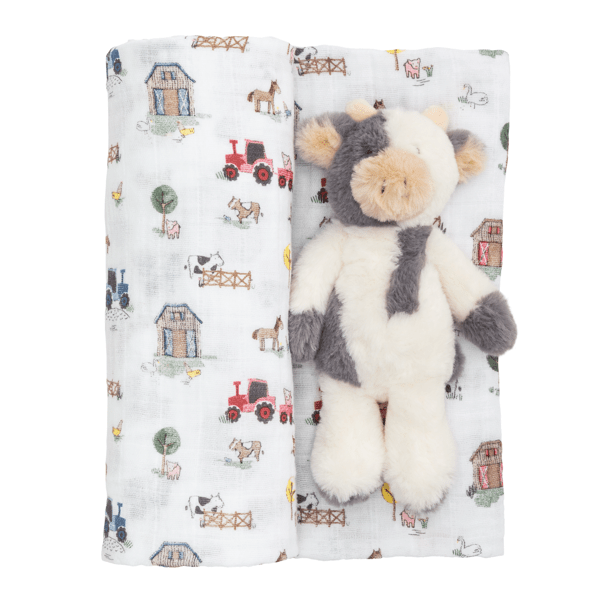 Farm Swaddle and Rattle Set