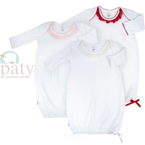 White Paty Knit LS Lap Shoulder Gown w/ RED Chiffon Trim