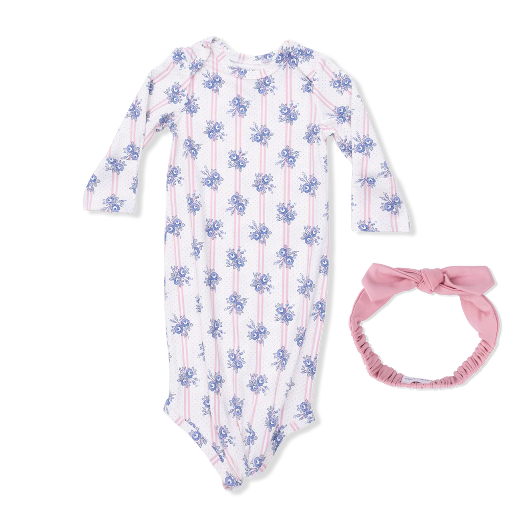 Knotted Gown & Headband- Stripe Dot Roses