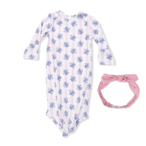 Knotted Gown & Headband- Stripe Dot Roses