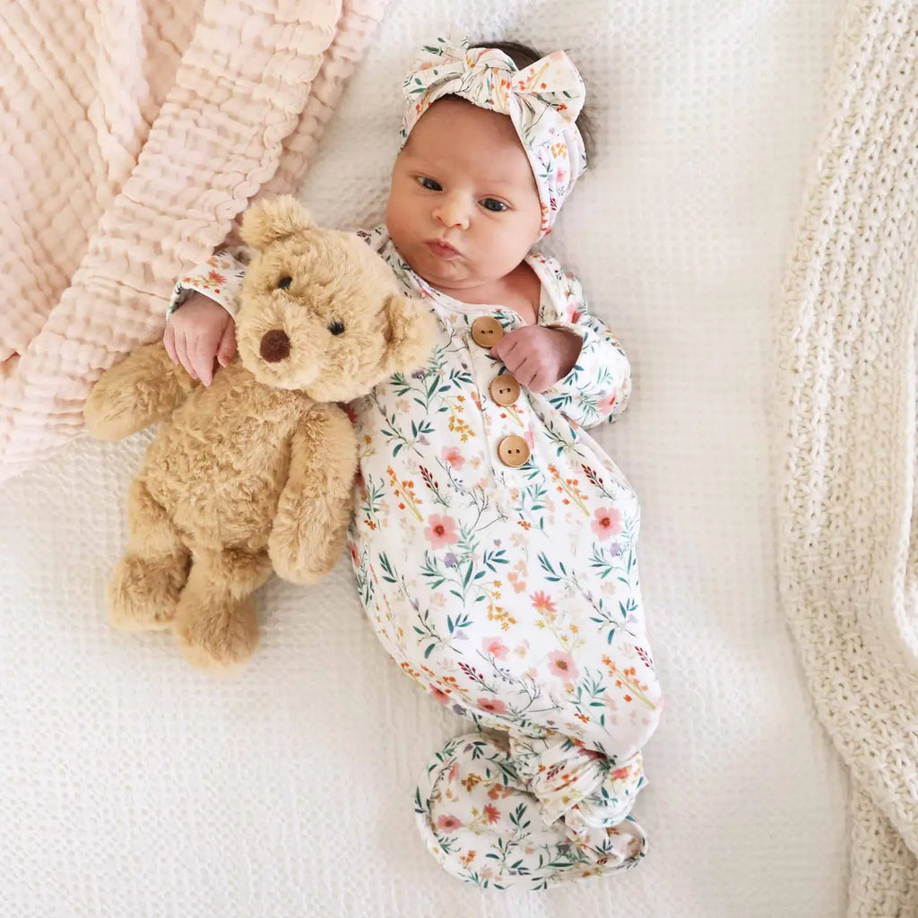 Floral Pink Bamboo Baby Knot Gown & Hat
