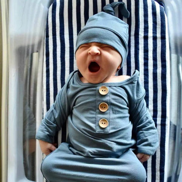 Solid Dusty Blue Bamboo Baby Knot Gown & Hat