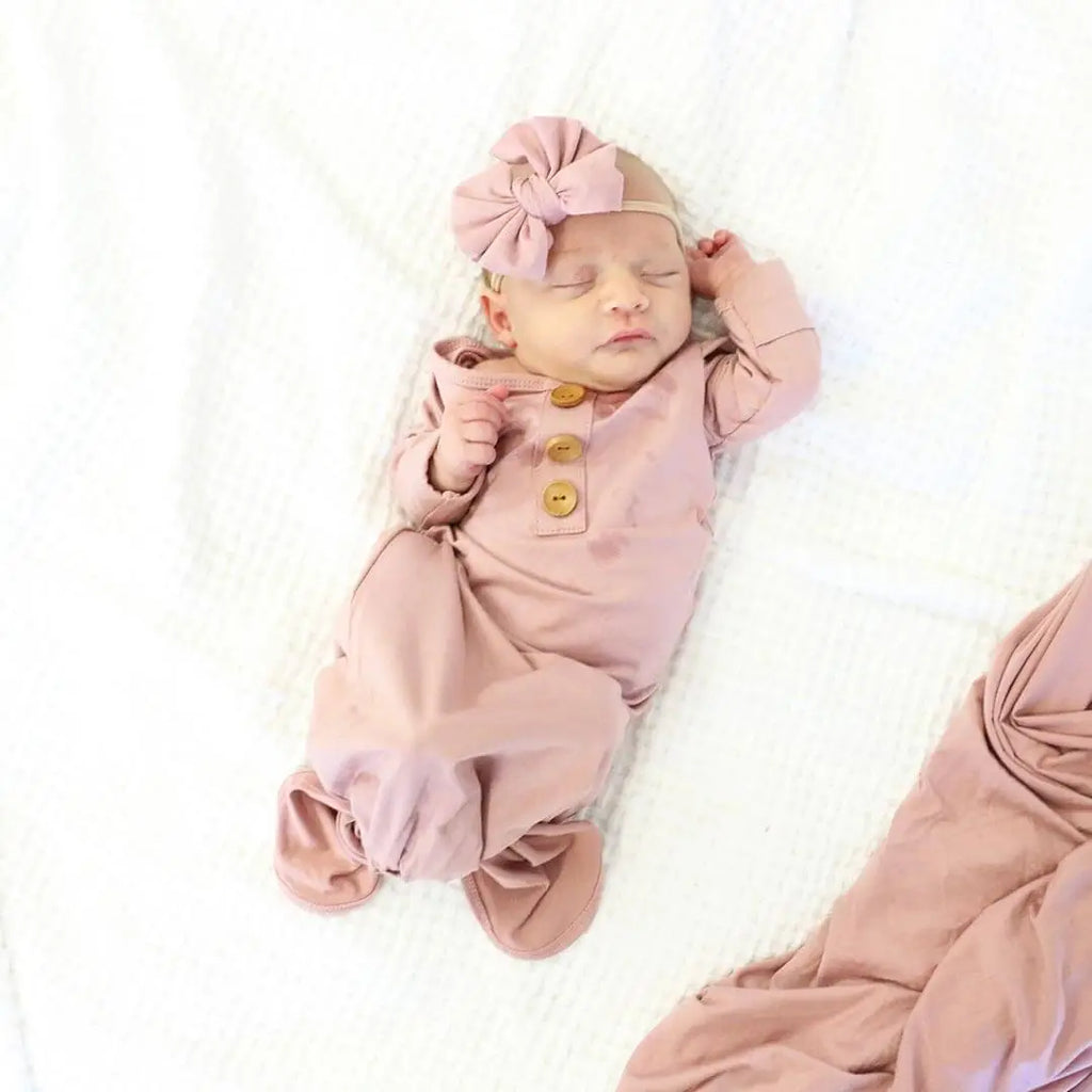 Solid Mauve Bamboo Baby Knot Gown & Hat