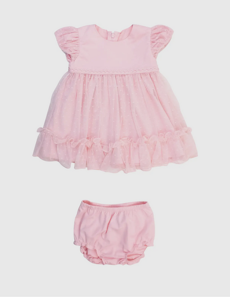 Pink Dotted Tulle Dress and Bloomer Set