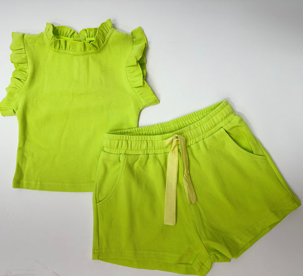 Neon Green Ruffle Tank Top with Shorts Set