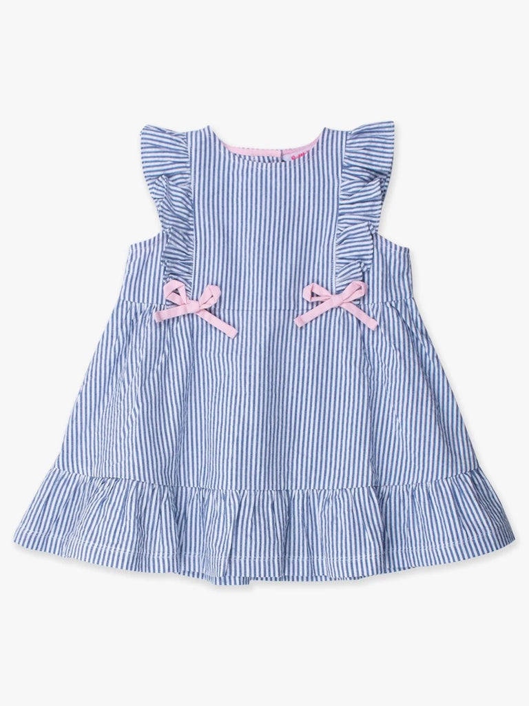 Blue Seersucker Pinafore Bow Dress