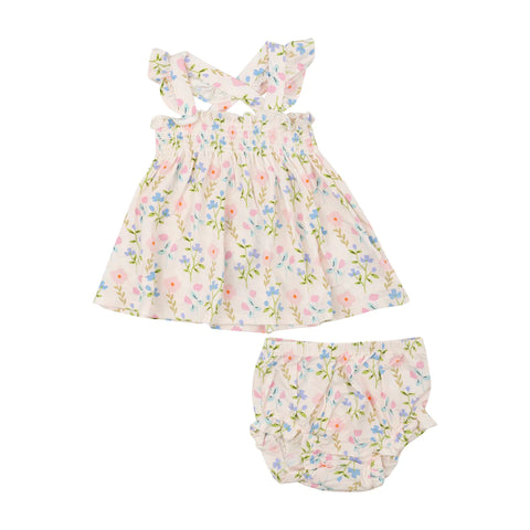 SIMPLE PRETTY FLORAL RUFFLE STRAP SMOCKED TOP AND DIAPER COVER