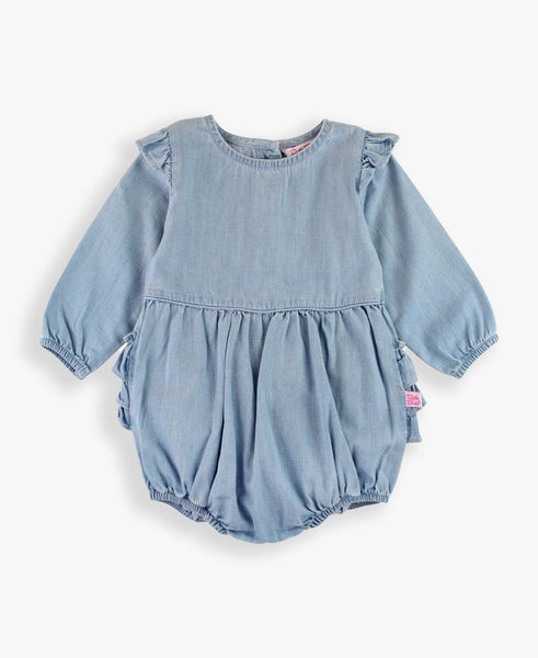 Light Wash Long Sleeve Flutter Bubble Romper