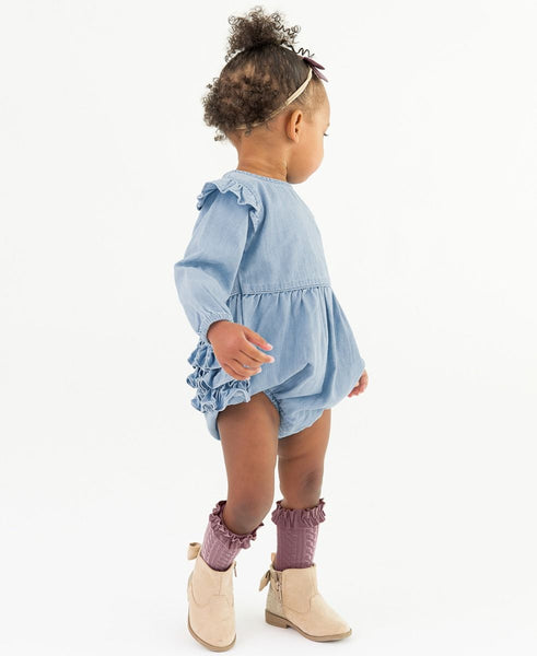 Light Wash Long Sleeve Flutter Bubble Romper