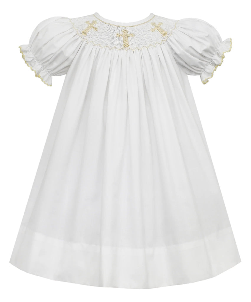 WHITE POPLIN SMOCKED CROSSES BISHOP DRESS