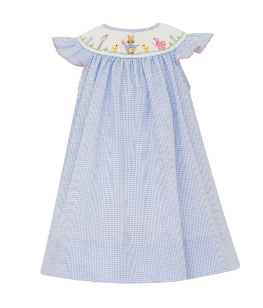 GIRLS BLUE GINGHAM SMOCKED PETER RABBIT DRESS