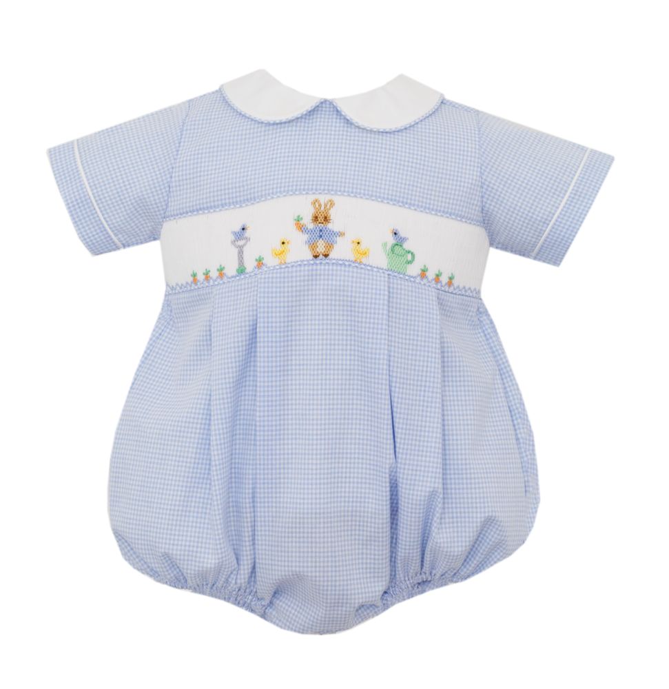 BABY BOYS LIGHT BLUE GINGHAM SMOCKED PETER RABBIT BUBBLE