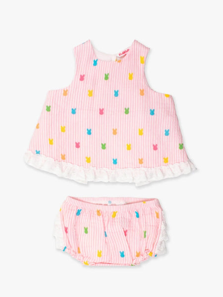 Pink Bunny Stripe Cotton Gauze Swing Top and Bloomer Set