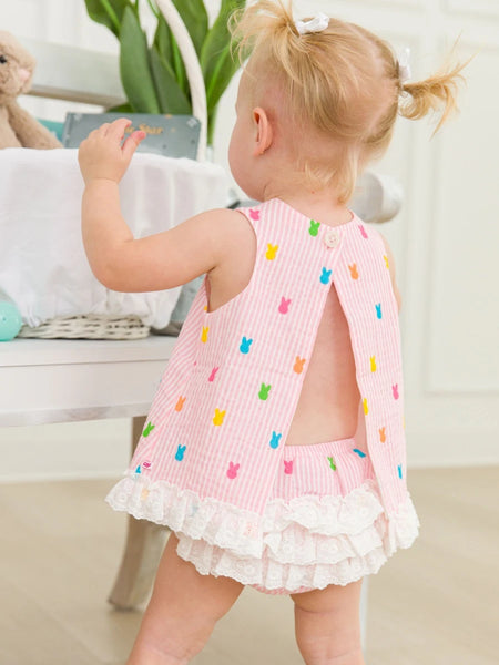 Pink Bunny Stripe Cotton Gauze Swing Top and Bloomer Set