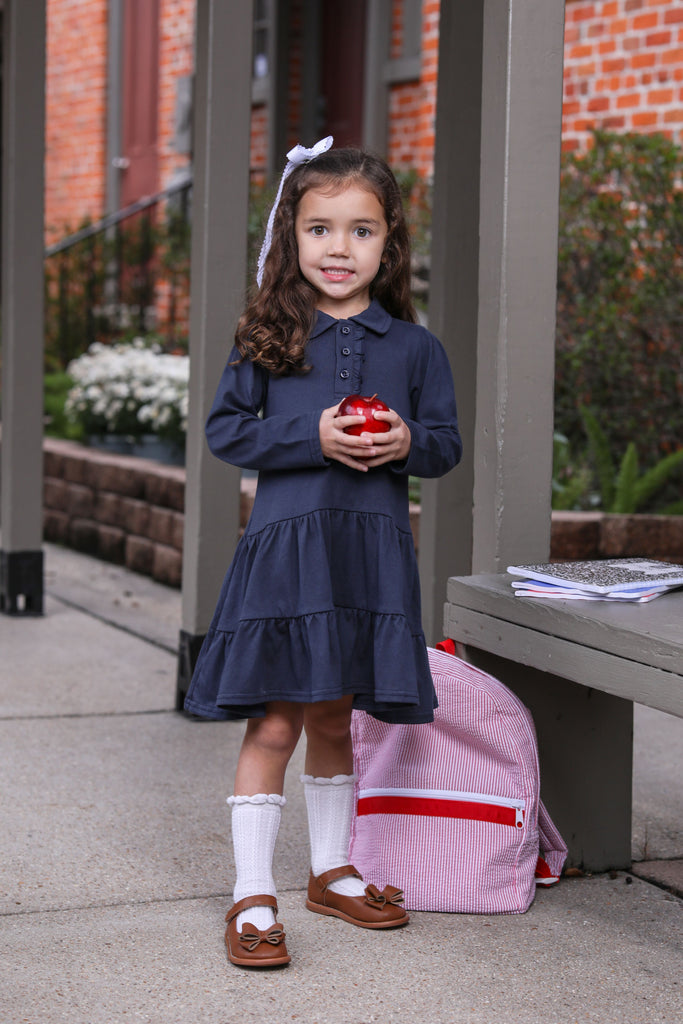 Ruffle Long Sleeve Polo Dress- Navy