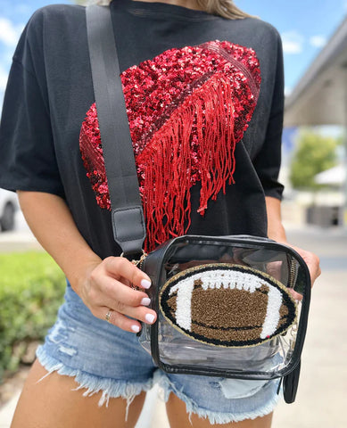 BLACK FOOTBALL CHENILLE-PATCH STADIUM-APPROVED CLEAR PURSE