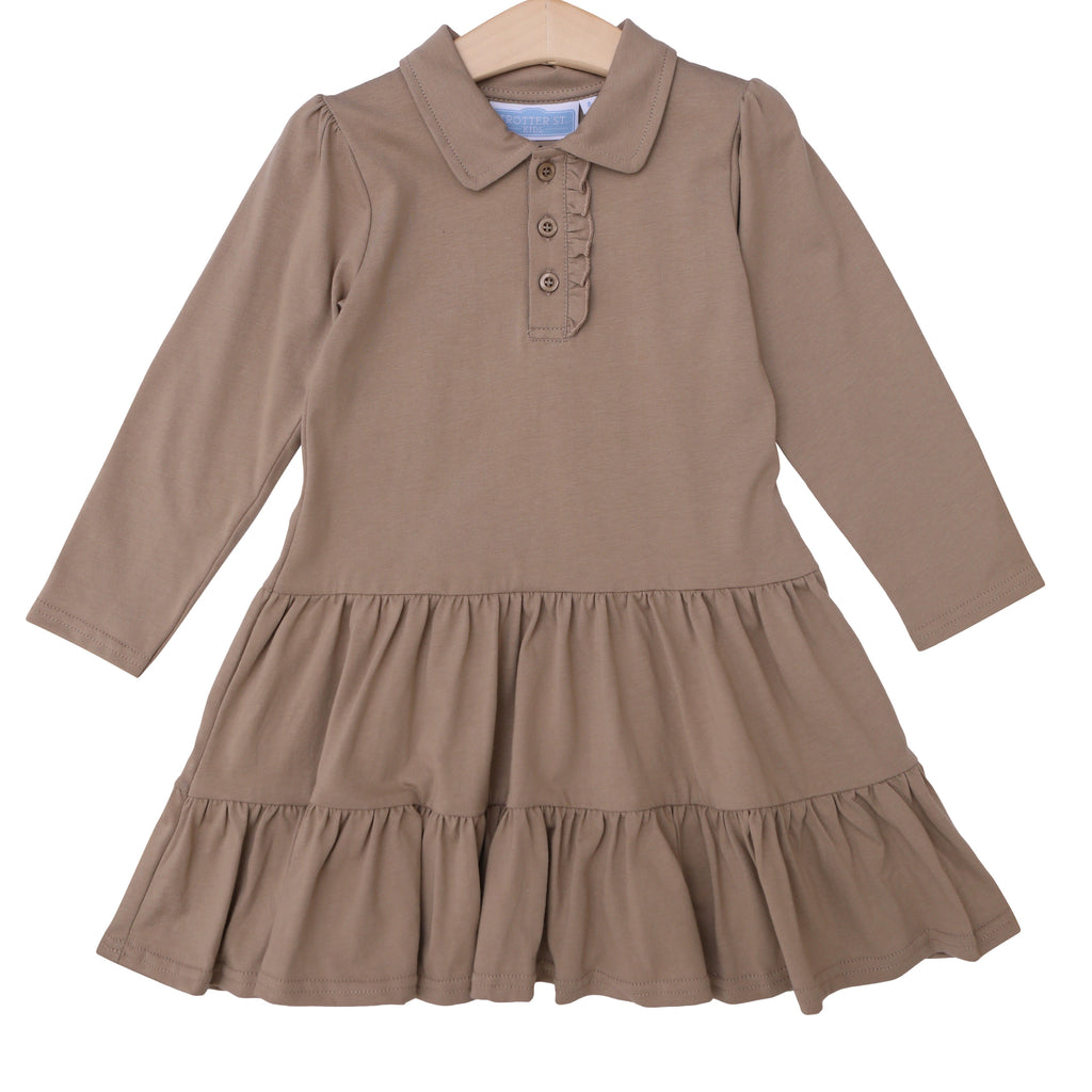 Ruffle Long Sleeve Polo Dress- Khaki