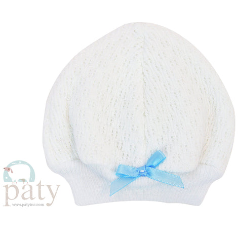 White Beanie Cap with Small Blue Bow