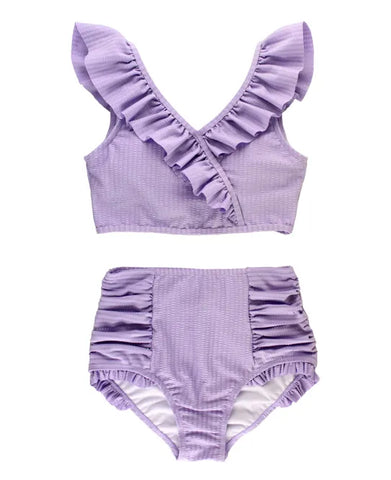 Lavender Seersucker Ruffle V Neck Bikini