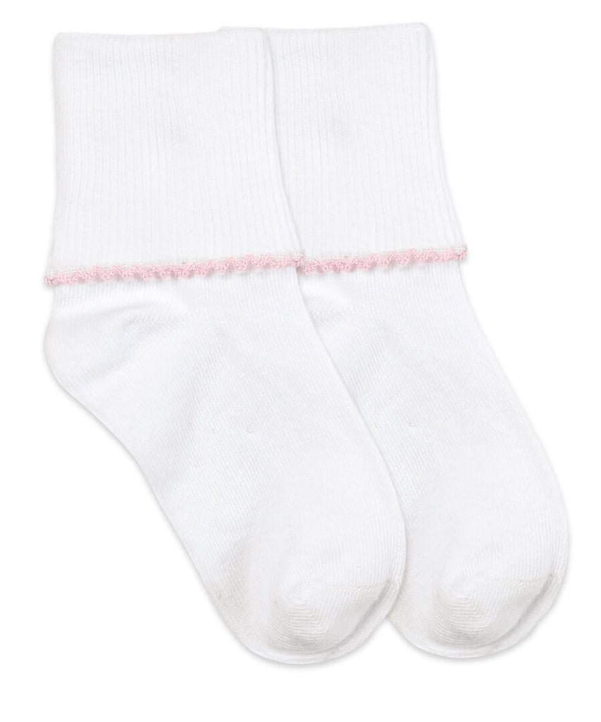 Smooth Toe Tatted Edge Turn Cuff Socks-White/Pink