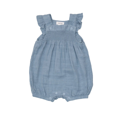 SMOCKED OVERALL SHORTIE - SOLID MUSLIN SOFT CHAMBRAY