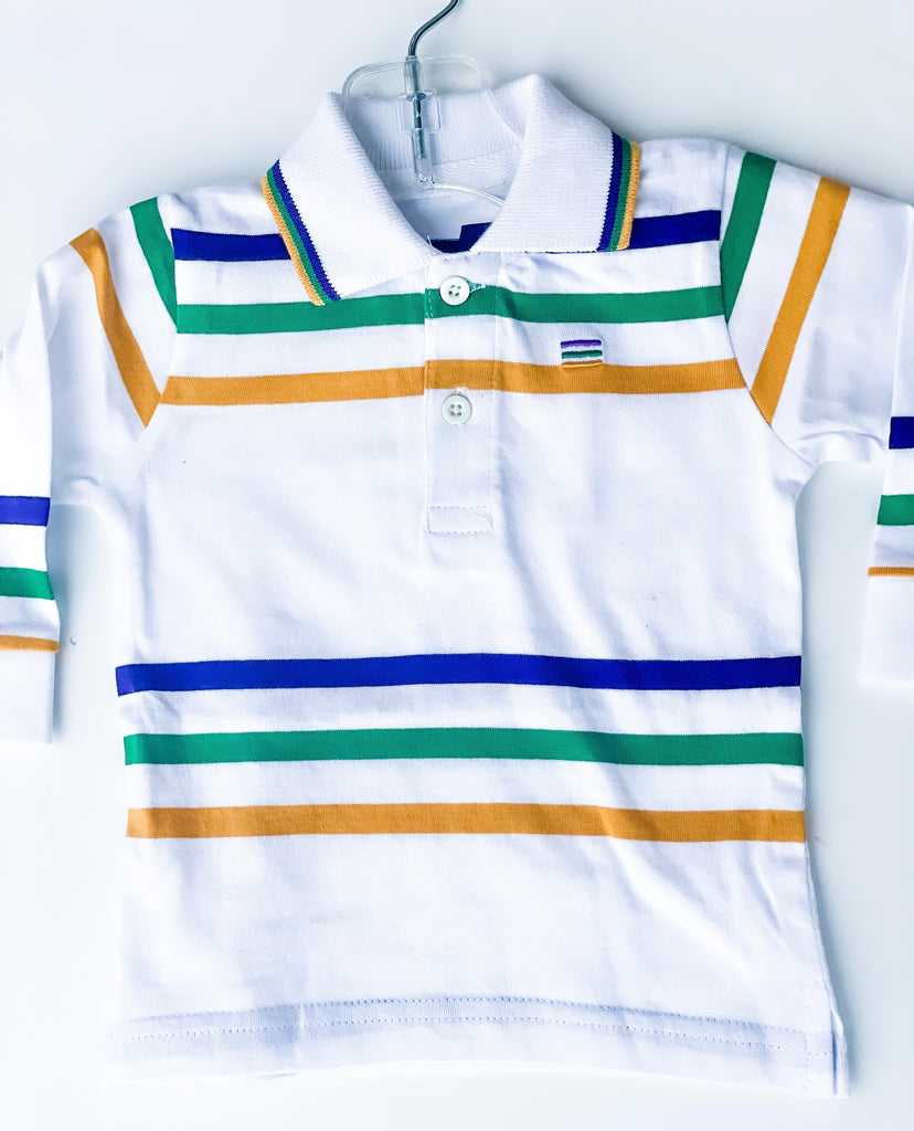 Mardi Gras White Long Sleeved Striped Polo- Infant