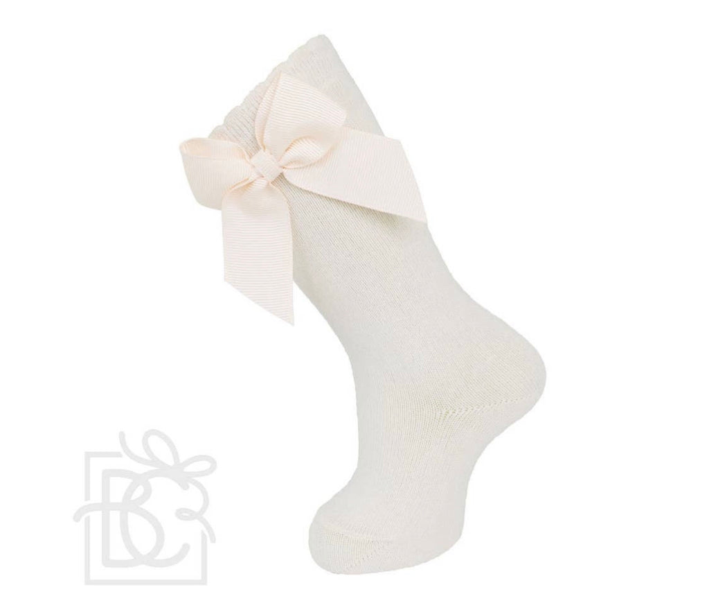 Natural Knee Socks with Gross Grain Side Bow