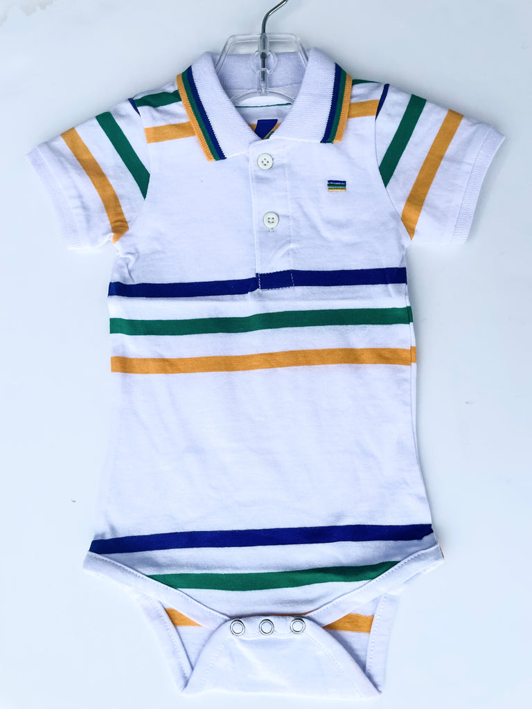 Mardi Gras White Short Sleeved Striped Polo Onesie