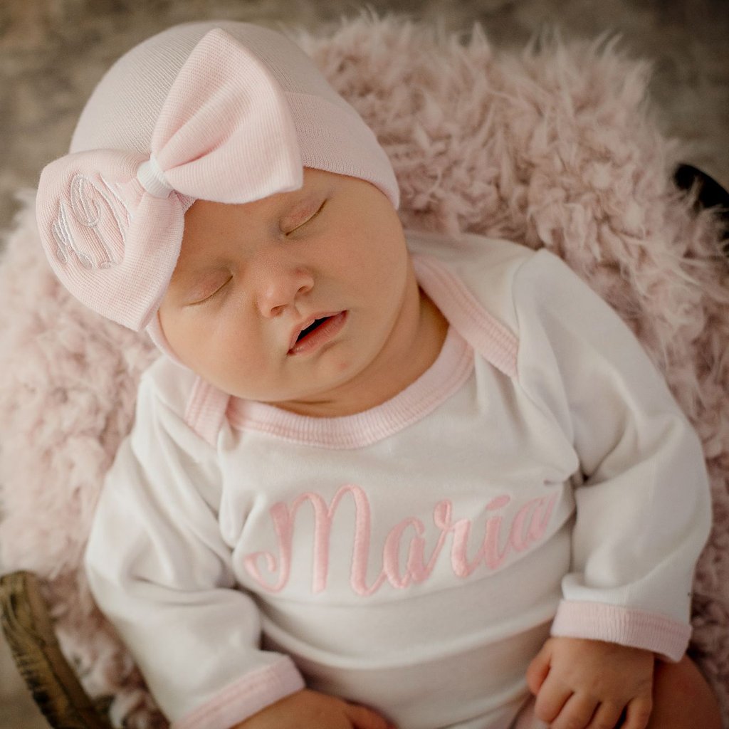 Pink Trimmed White Onesie and Pink Bow NB Girl Hat