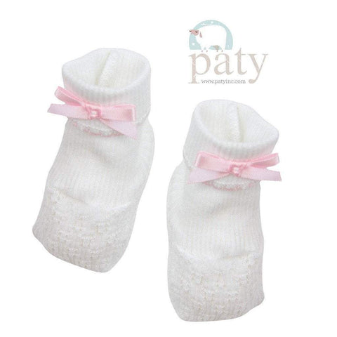 White with Pink Trim Booties w/ Bow